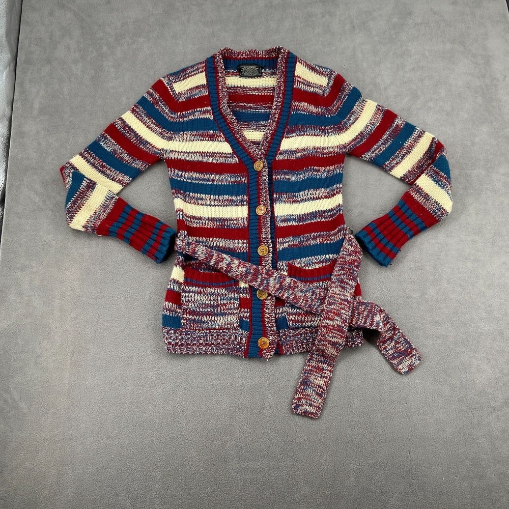Womens Cardigan Sz XS Sweater Multicolor Striped Acrylic Tight Knit Ribbed Tie
